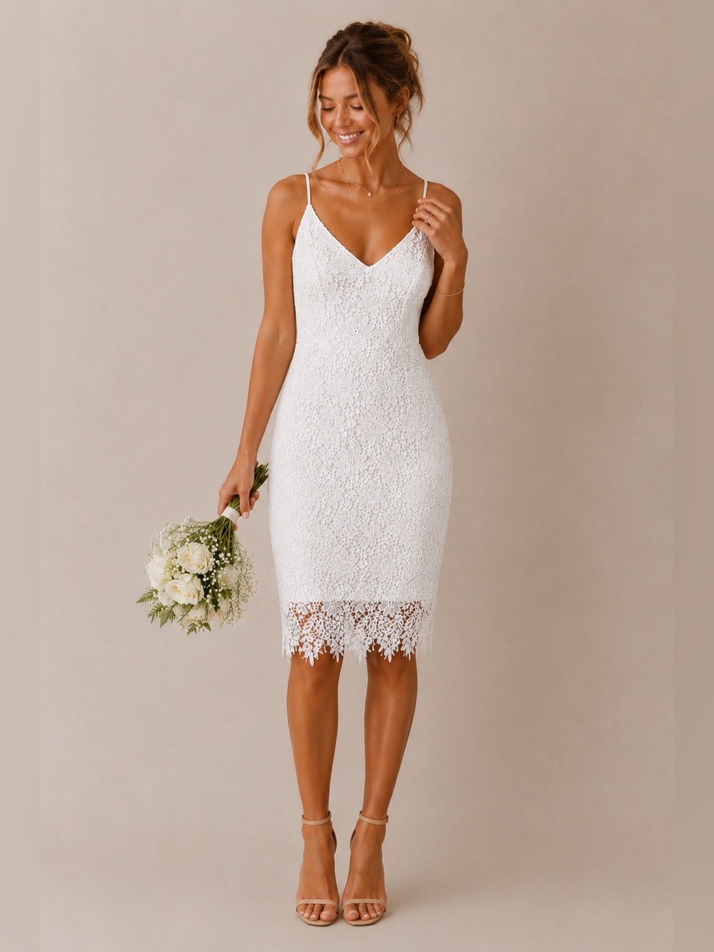 Minuet White Floral Lace Bridal Midi Sheath Dress L Romantic Coquette Cottage